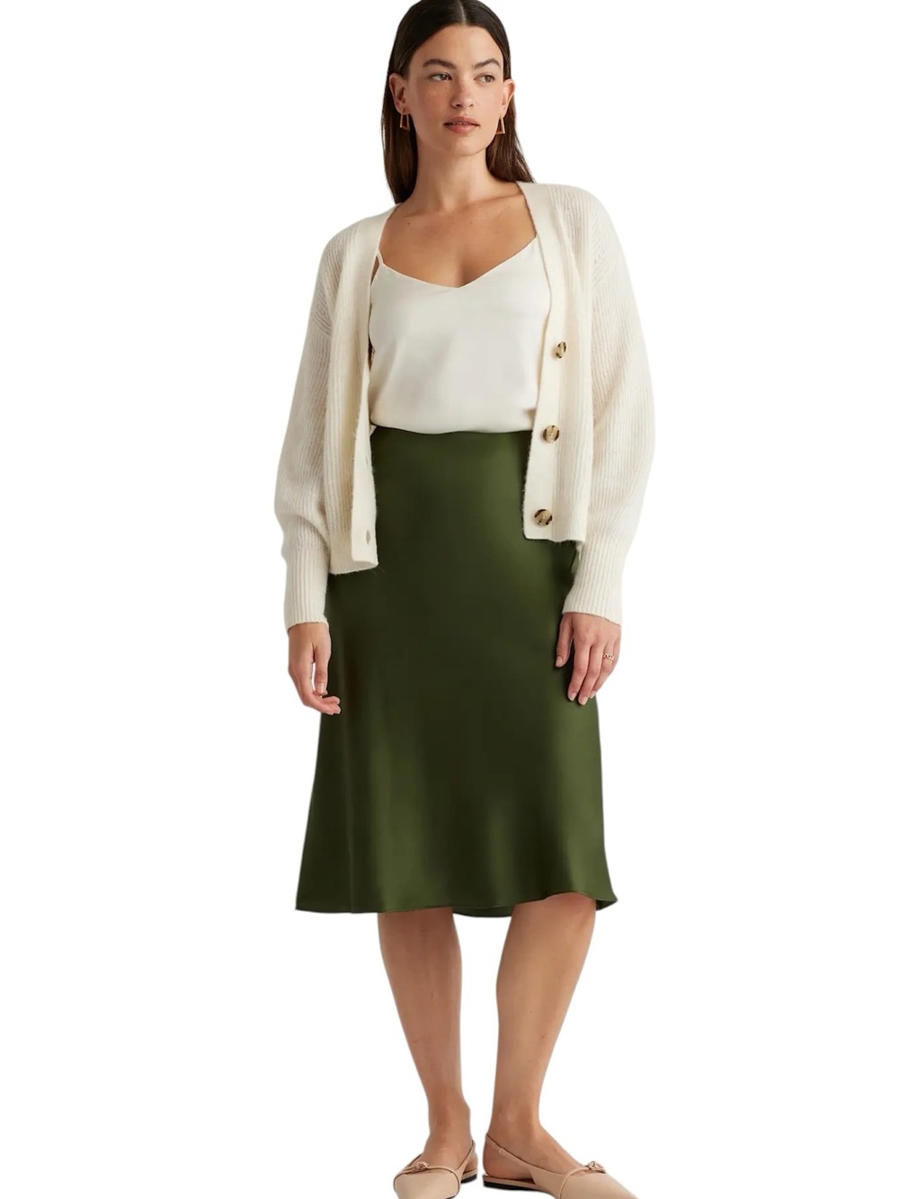 Quince 100% Washable Silk Satin Midi Slip Skirt in Basil Green - M